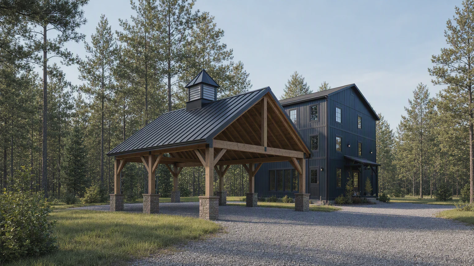 30 inch Classic cupola on a timber carport beside a dark detached garage