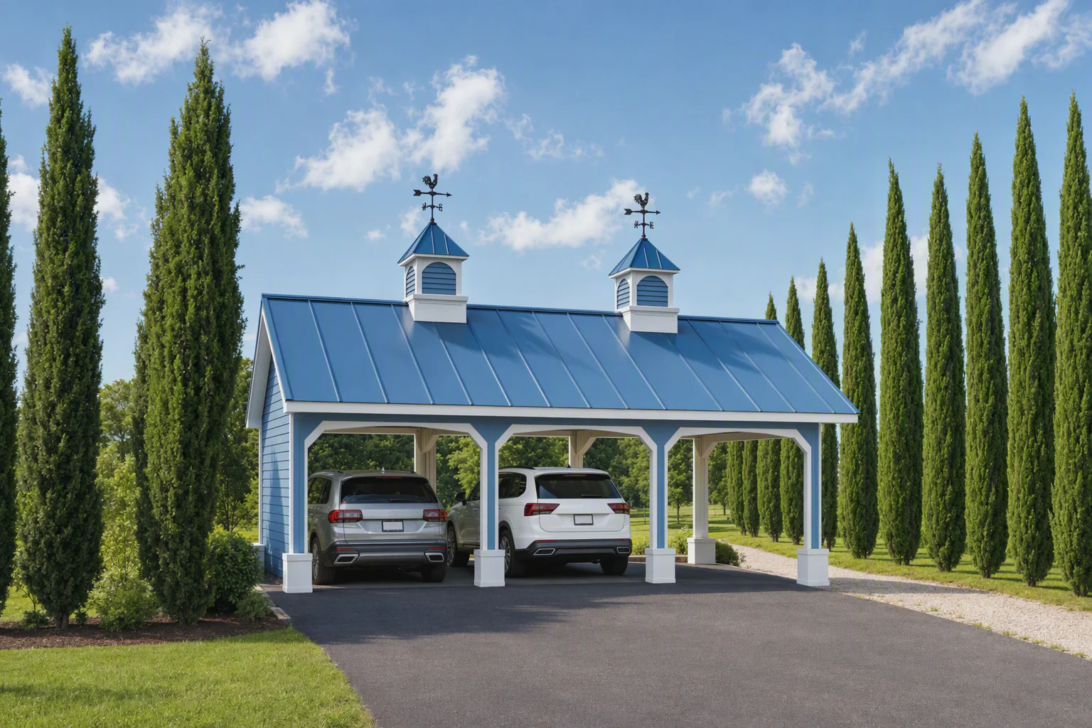 Blue-roofed carport with two cupolas and rooster weathervanes