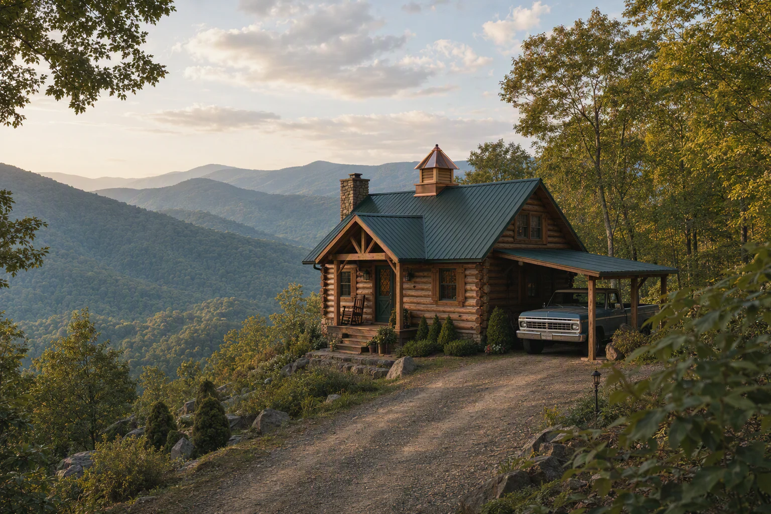 Copper cupola on a mountain log cabin