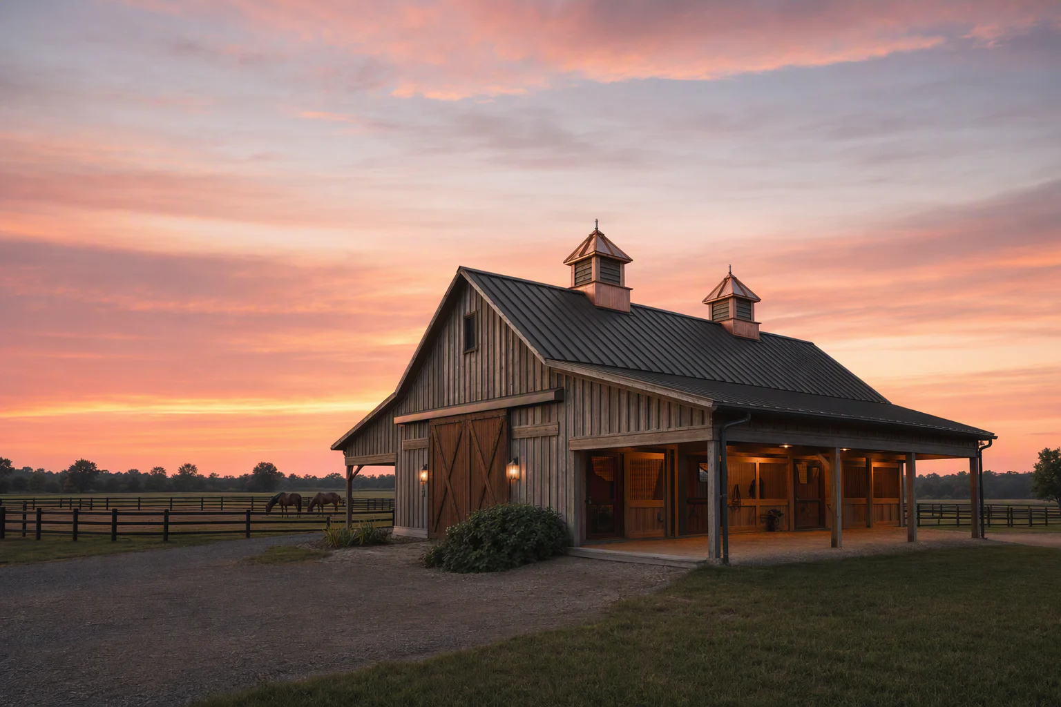 Timber horse barn with two copper cupolas