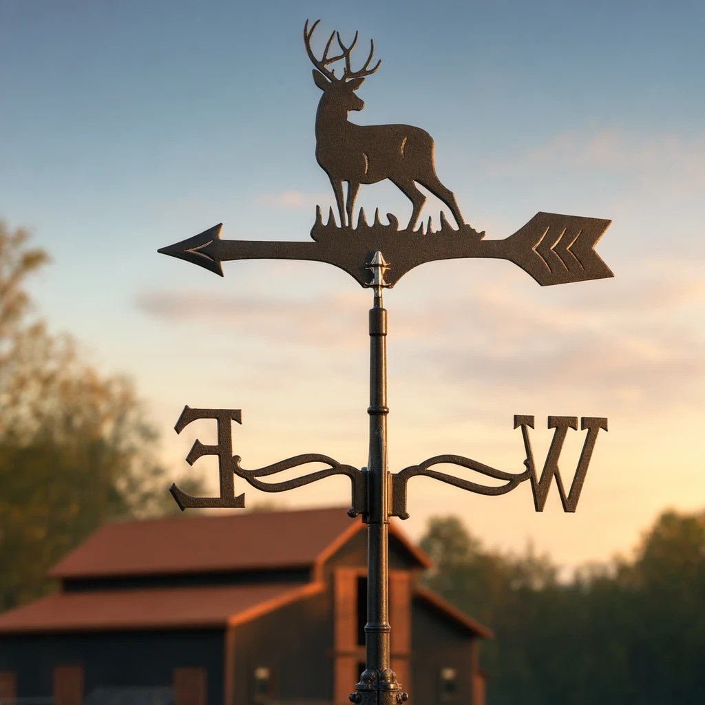 Buck weathervane with directional letters at sunset