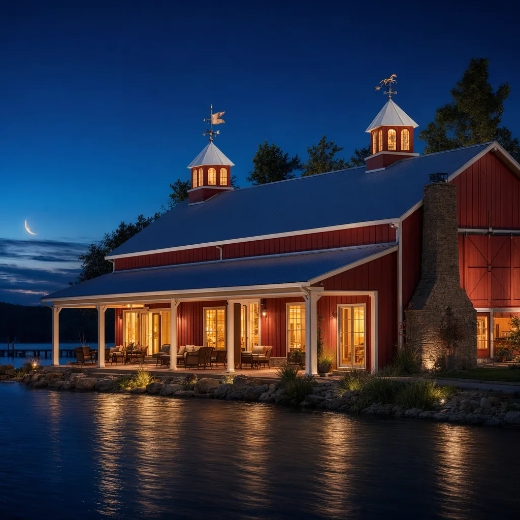 Two illuminated cupolas on a red barn beside the water at dusk