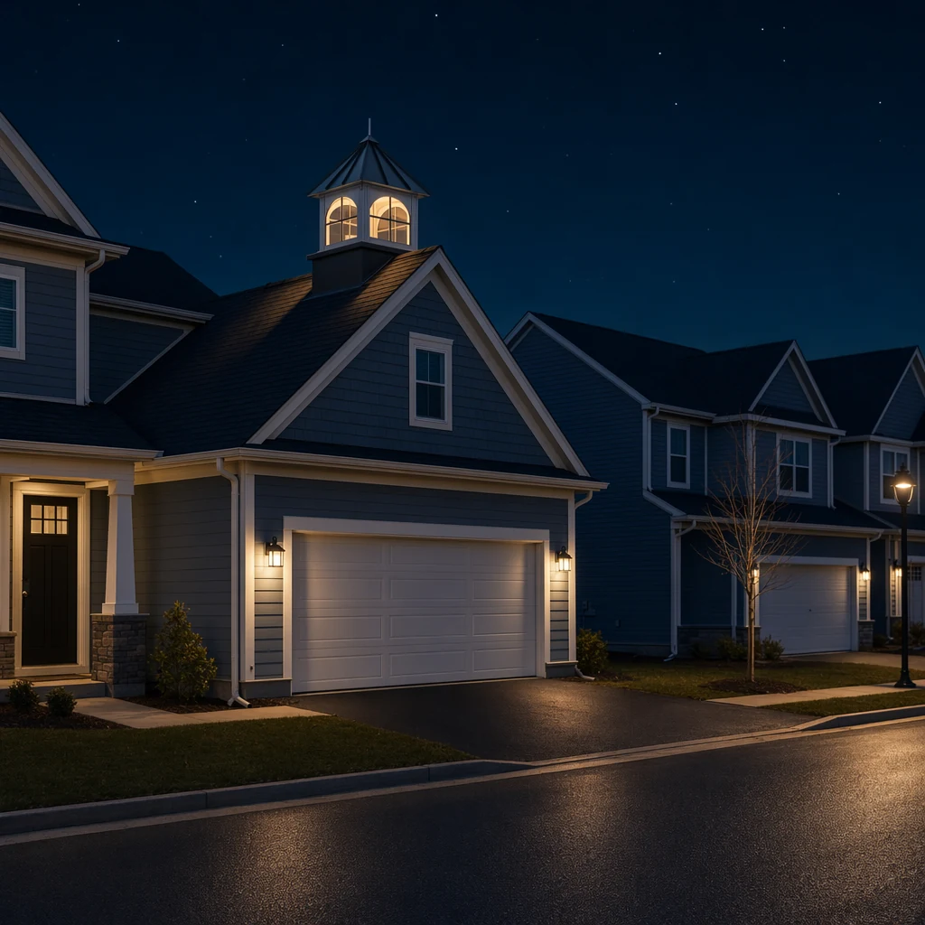 Illuminated windowed cupola above a garage roof at night