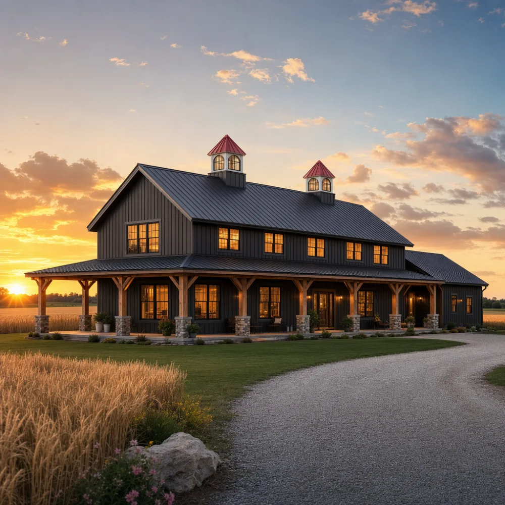 Dark barndominium with two illuminated cupolas at sunset