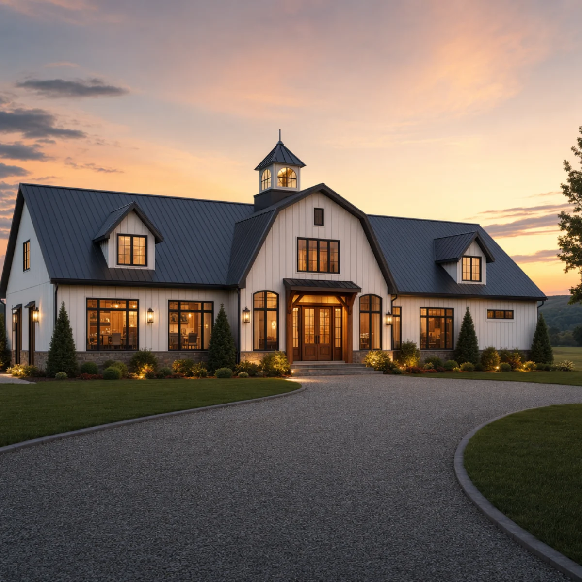 Estate home roofline with a central illuminated cupola at sunset