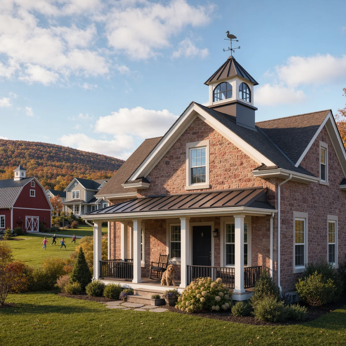 Stone estate home with a windowed cupola and weathervane