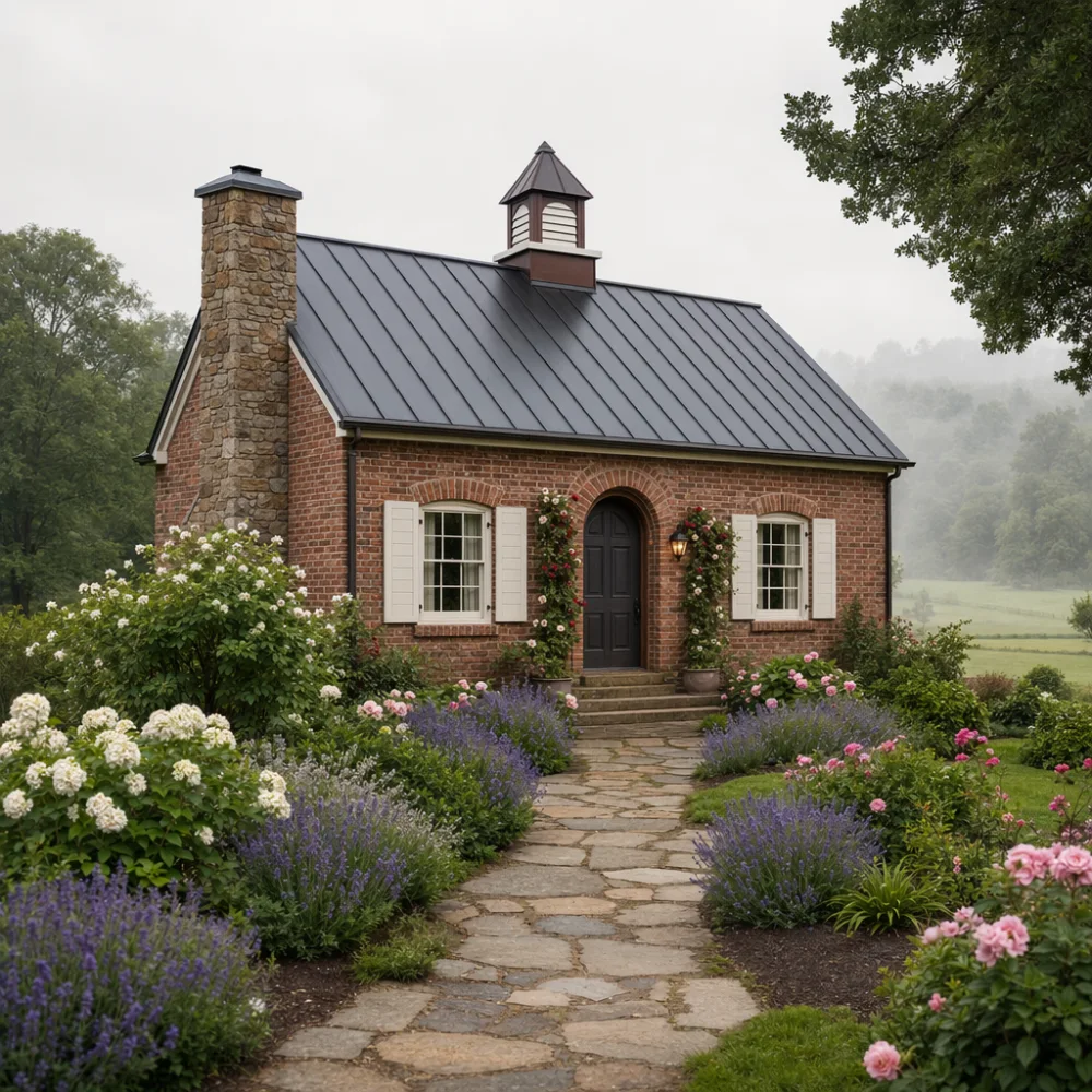 Brick estate home with a cupola and formal garden