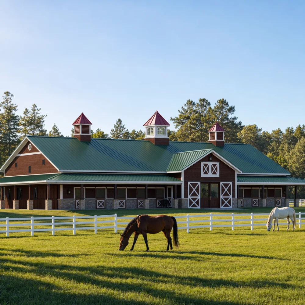 Large green-roof equestrian barn with three cupolas and fenced pasture