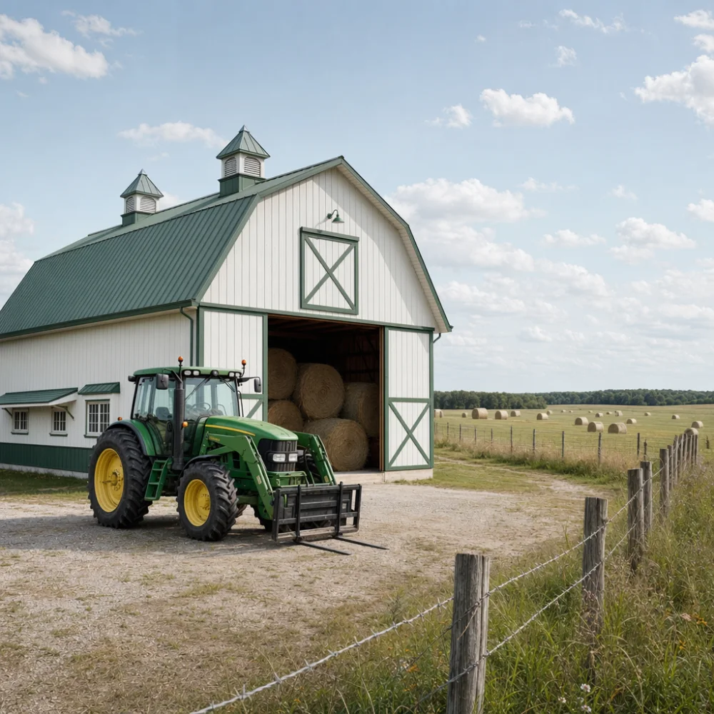 Working pole barn with two cupolas, tractor, and hay field