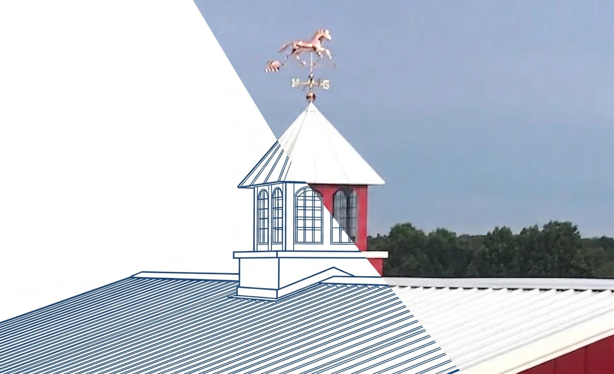 Cupola design transitioning from architectural drawing to finished roof installation