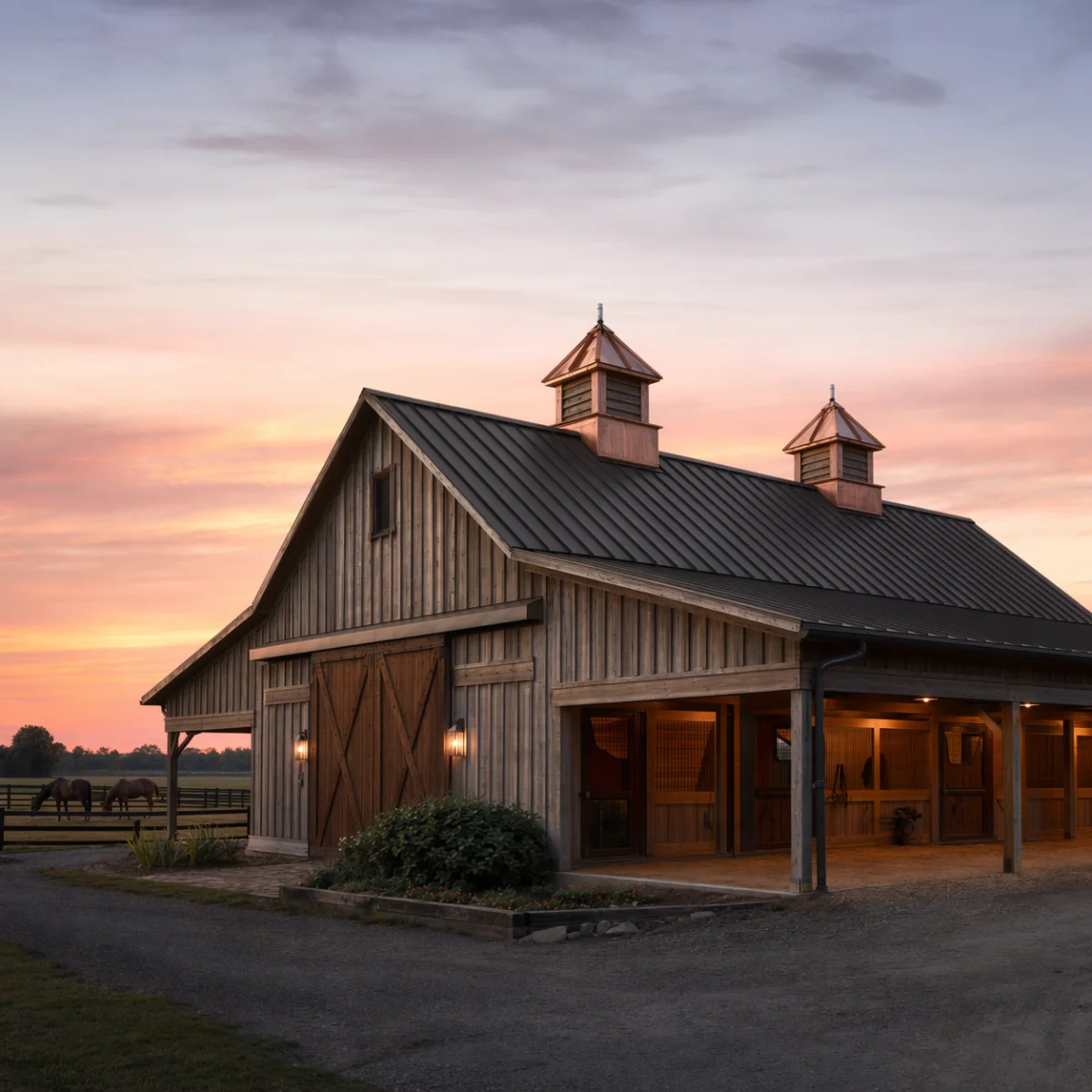 Timber horse barn with two cupolas at sunset