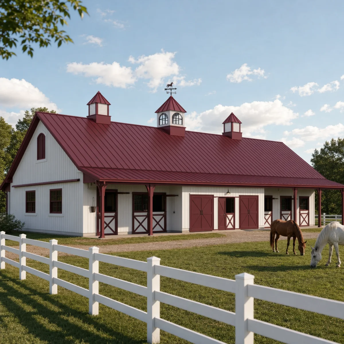 Large white equestrian barn with three cupolas