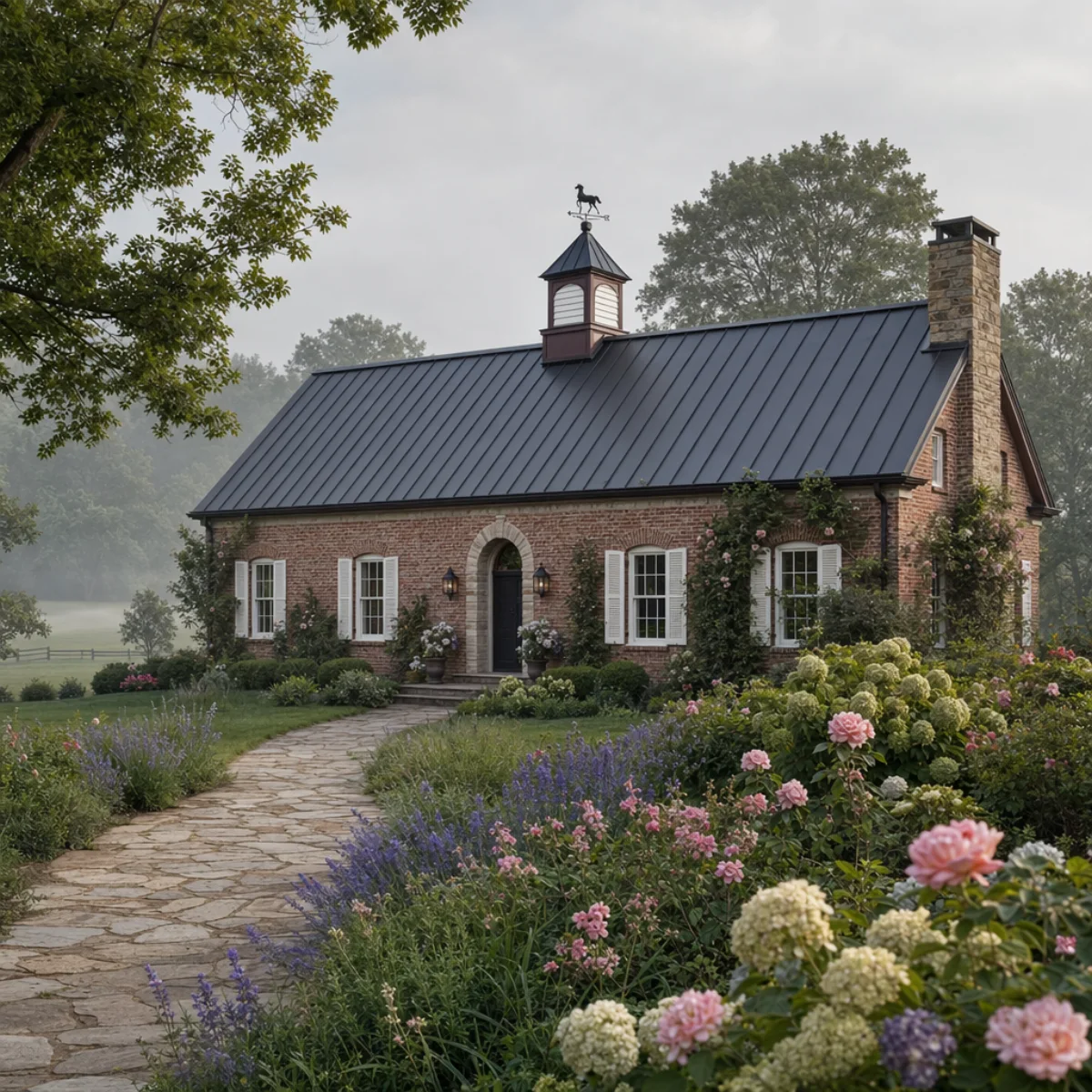 Brick estate home with a cupola and garden