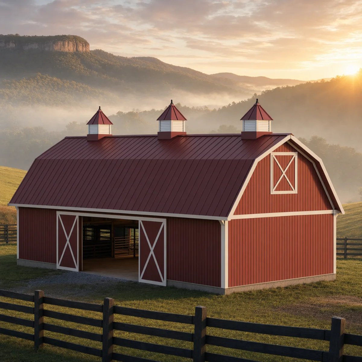 Red gambrel barn with three cupolas in the mountains