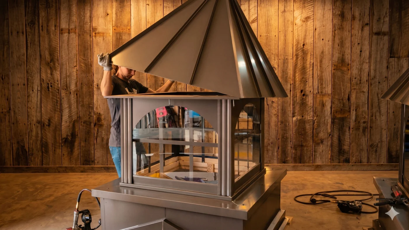 Craftsperson fitting a metal roof onto a windowed cupola in the workshop