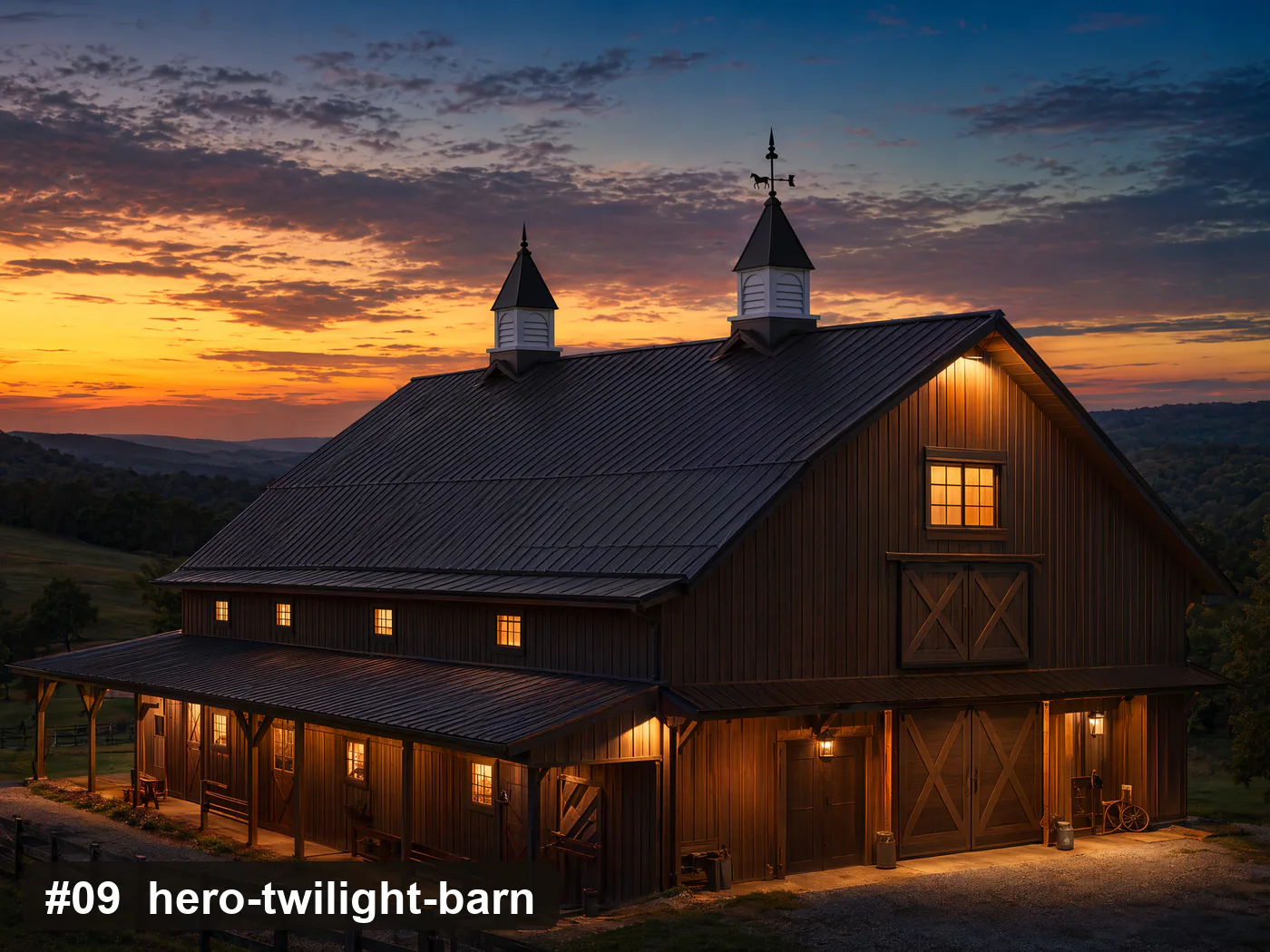 Barn roofline with cupola at twilight