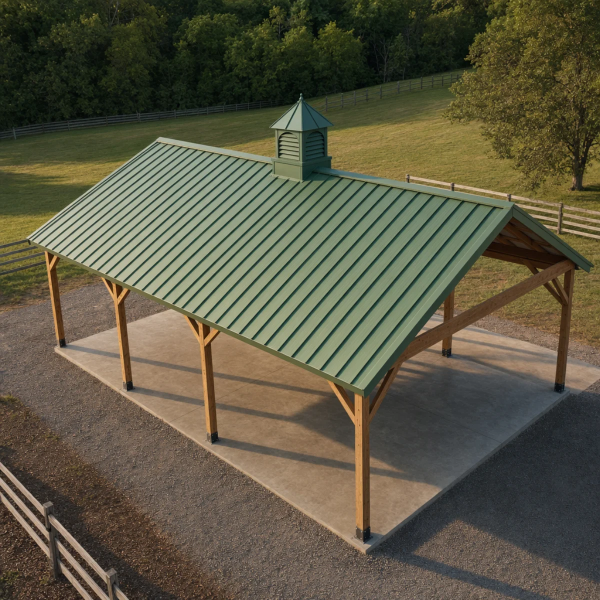 Green metal pavilion roof with a centered louvered cupola