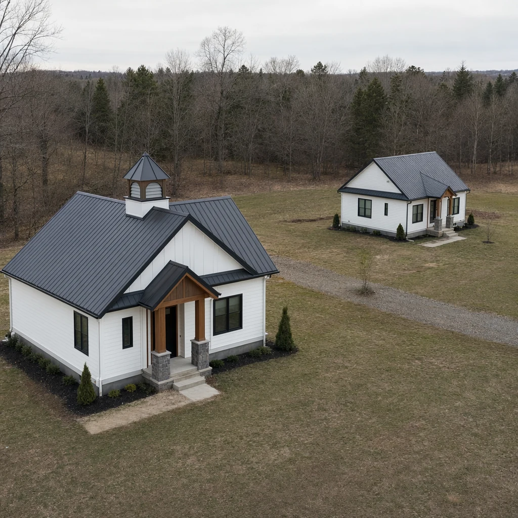 Two white outbuildings with a cupola on the foreground roof