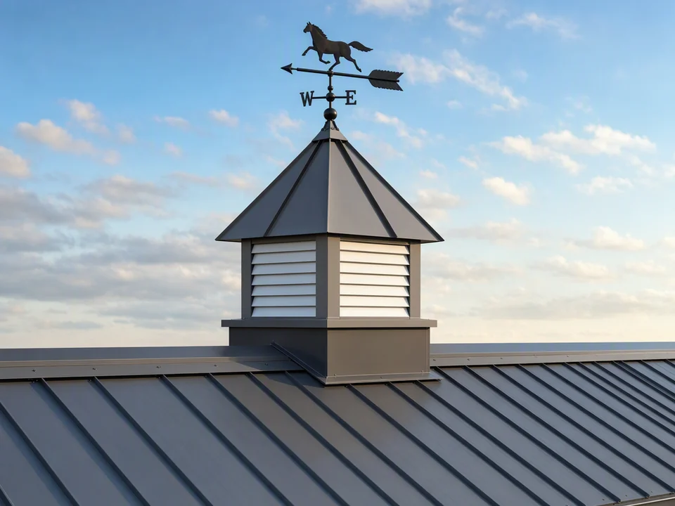 Tanasi Designs cupola with horse weathervane on a standing-seam metal roof